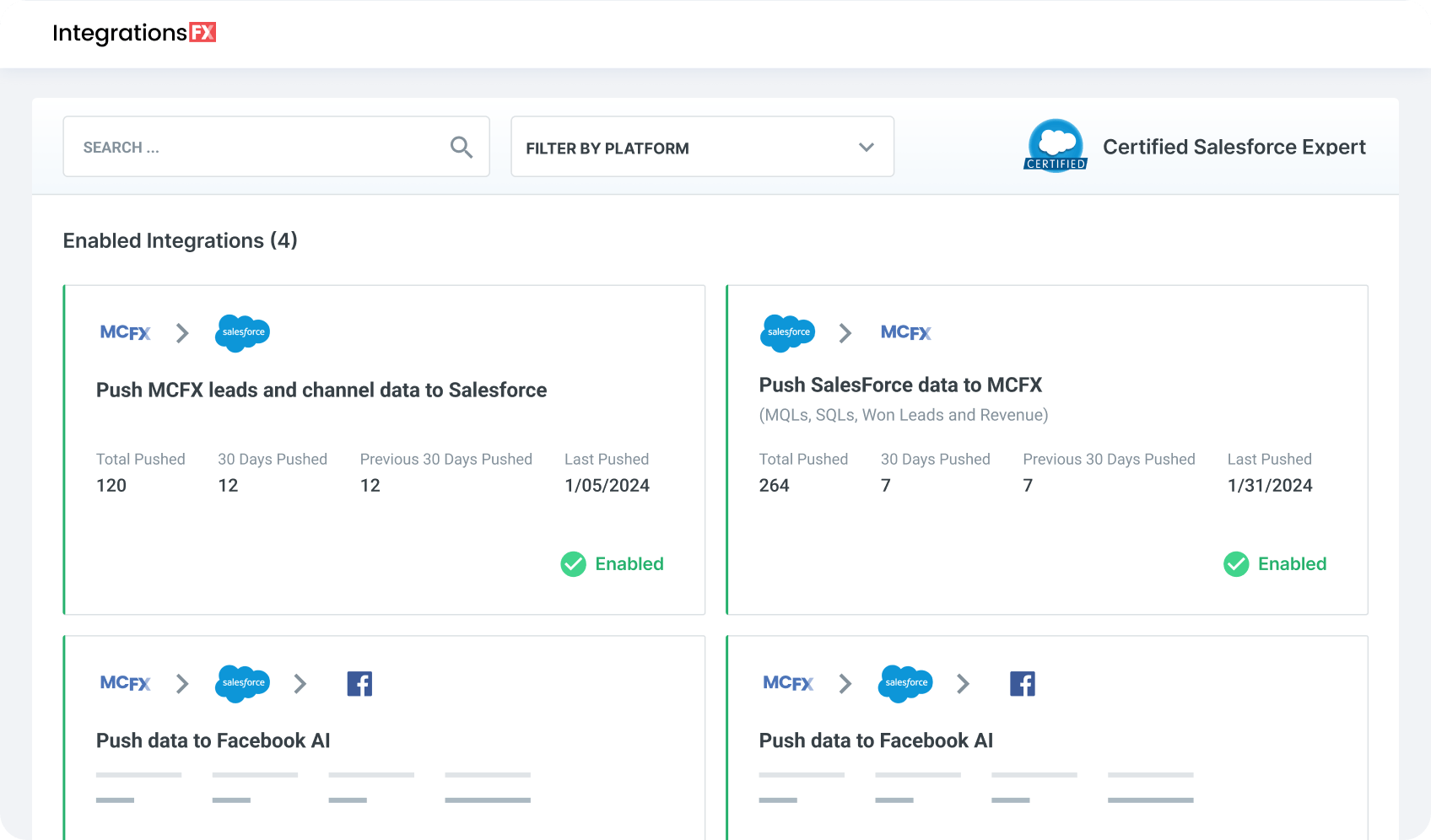 Screenshot of IntegrationsFX software showing enabled integrations for data exchange between RevenueCloudFX, Salesforce, and Facebook AI with statistics on data pushed and dates of last push.